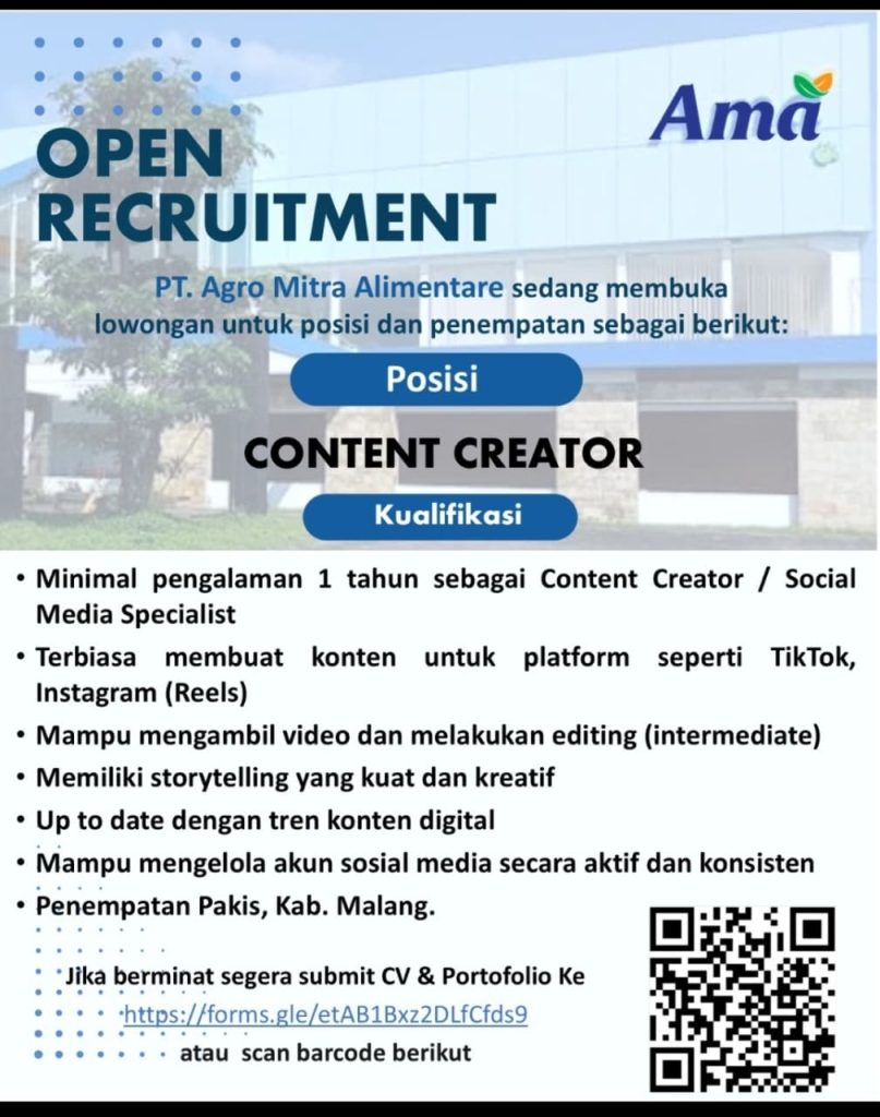Lowongan Conten Creator PT. Agro Mitra Alimentare