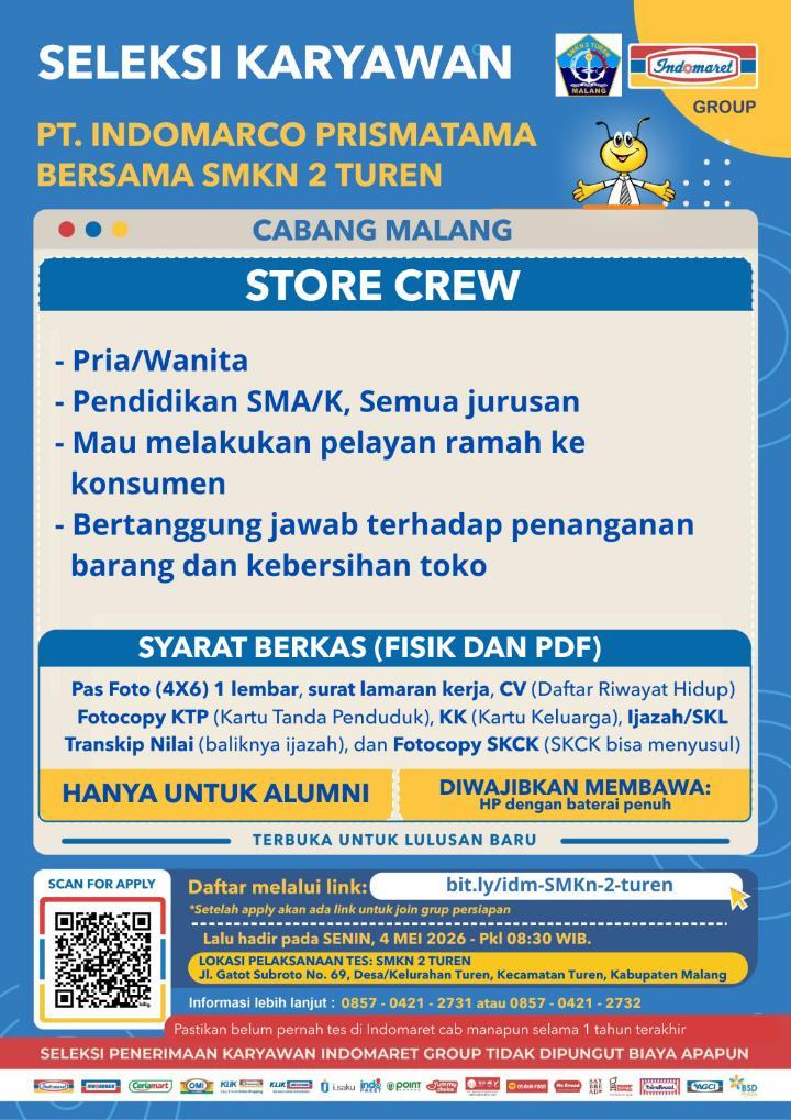 Lowongan Store Crew Indomaret untuk Alumni SMKN 2 Turen