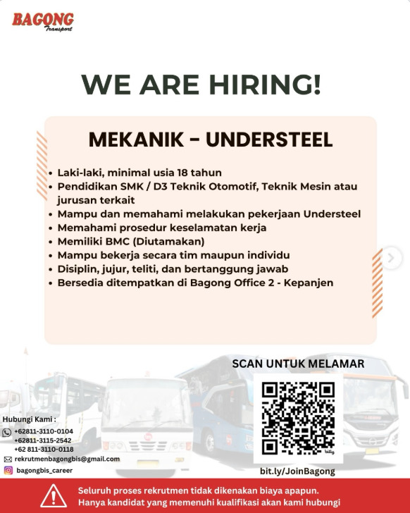 Lowongan Mekanik Understeel PT. Bagong