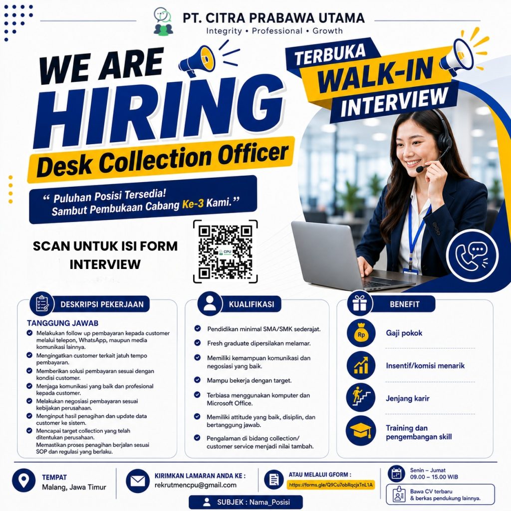 Lowongan Desk Collection Officer PT. Citra Prabawa Utama Malang