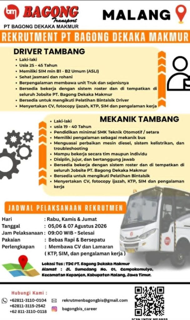 Lowongan PT. Bagong (Mekanik & Driver Tambang)